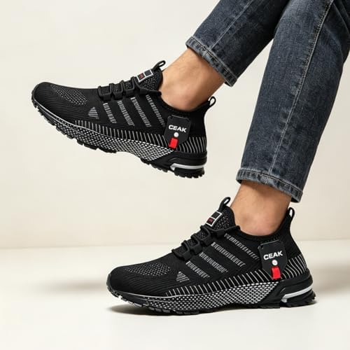 Tenis de correr con plataforma y patrón de rayas para hombre, transpirables, con cordones, antideslizantes, informales, para uso diario y gimnasio|B0GZDSTM9F